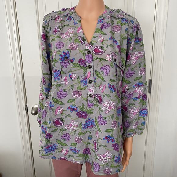 Matilda Jane Women's Floral Shirt Gray Long Sleeve Blouse LARGE - Picture 3 of 9